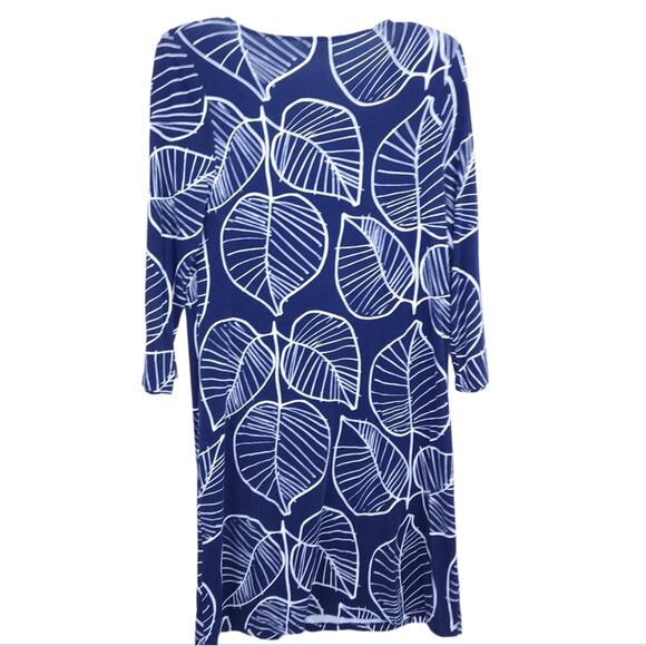 Boden Leaf Print Dress Size 6 Blue White With Embellished Beaded Neckline - Picture 2 of 5